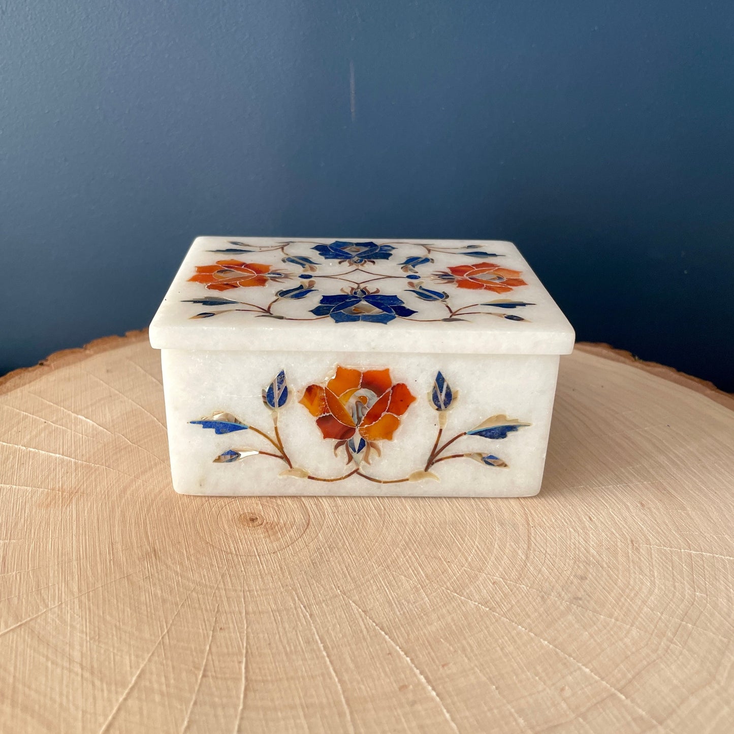 Vintage Marble Floral Inlay Jewelry Trinket Box