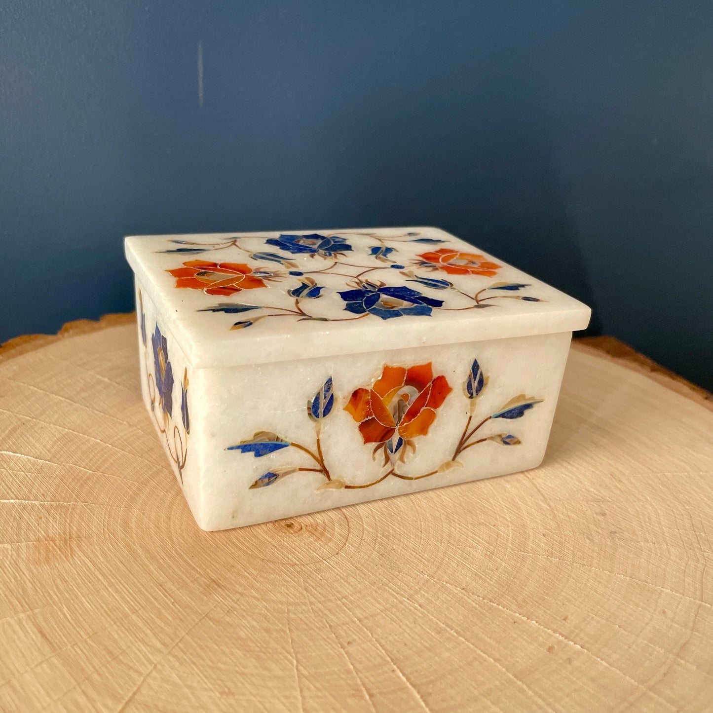 Vintage Marble Floral Inlay Jewelry Trinket Box