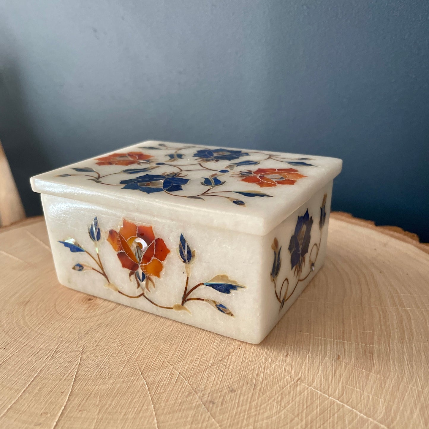 Vintage Marble Floral Inlay Jewelry Trinket Box