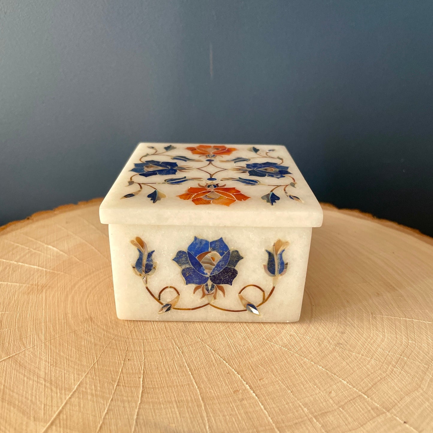 Vintage Marble Floral Inlay Jewelry Trinket Box