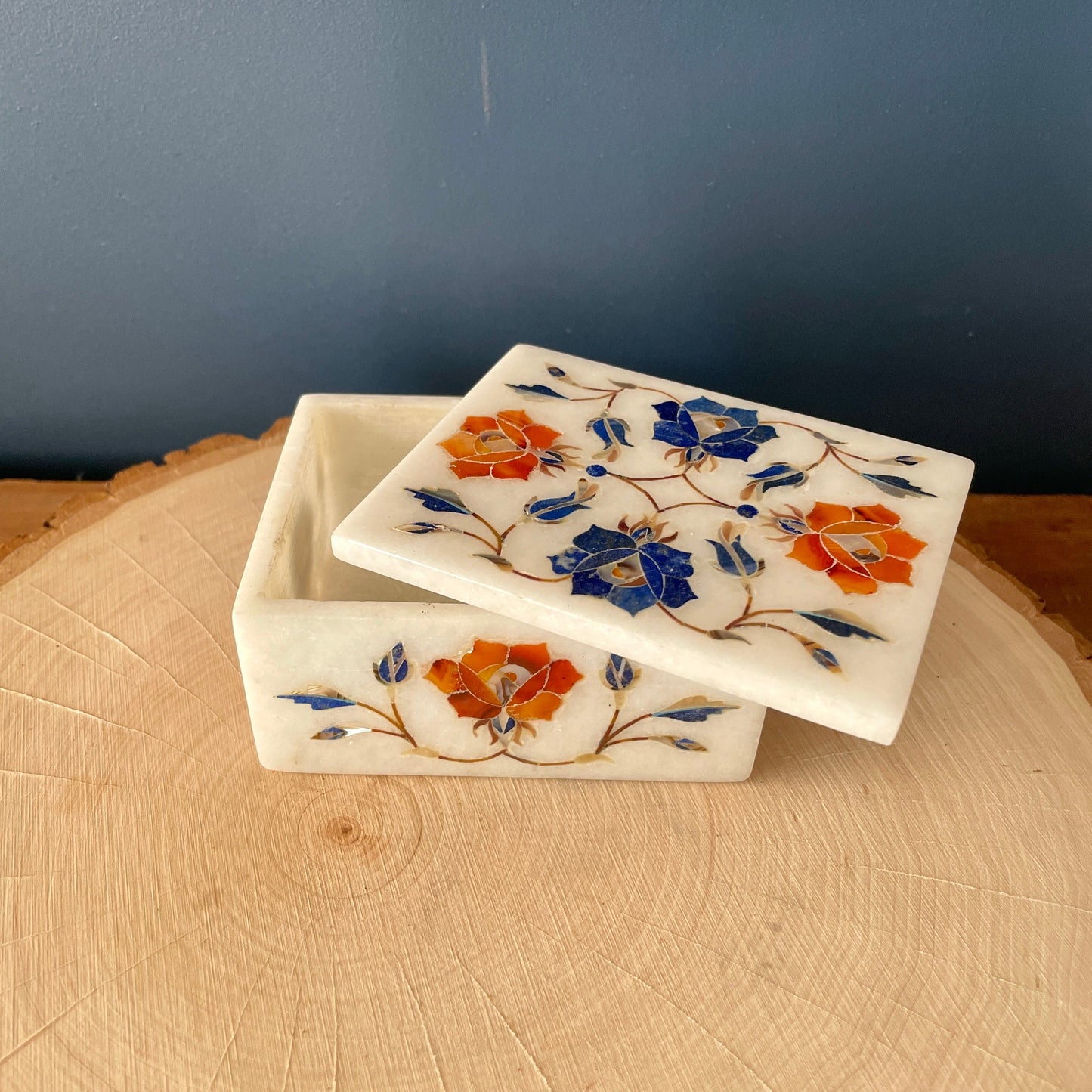 Vintage Marble Floral Inlay Jewelry Trinket Box