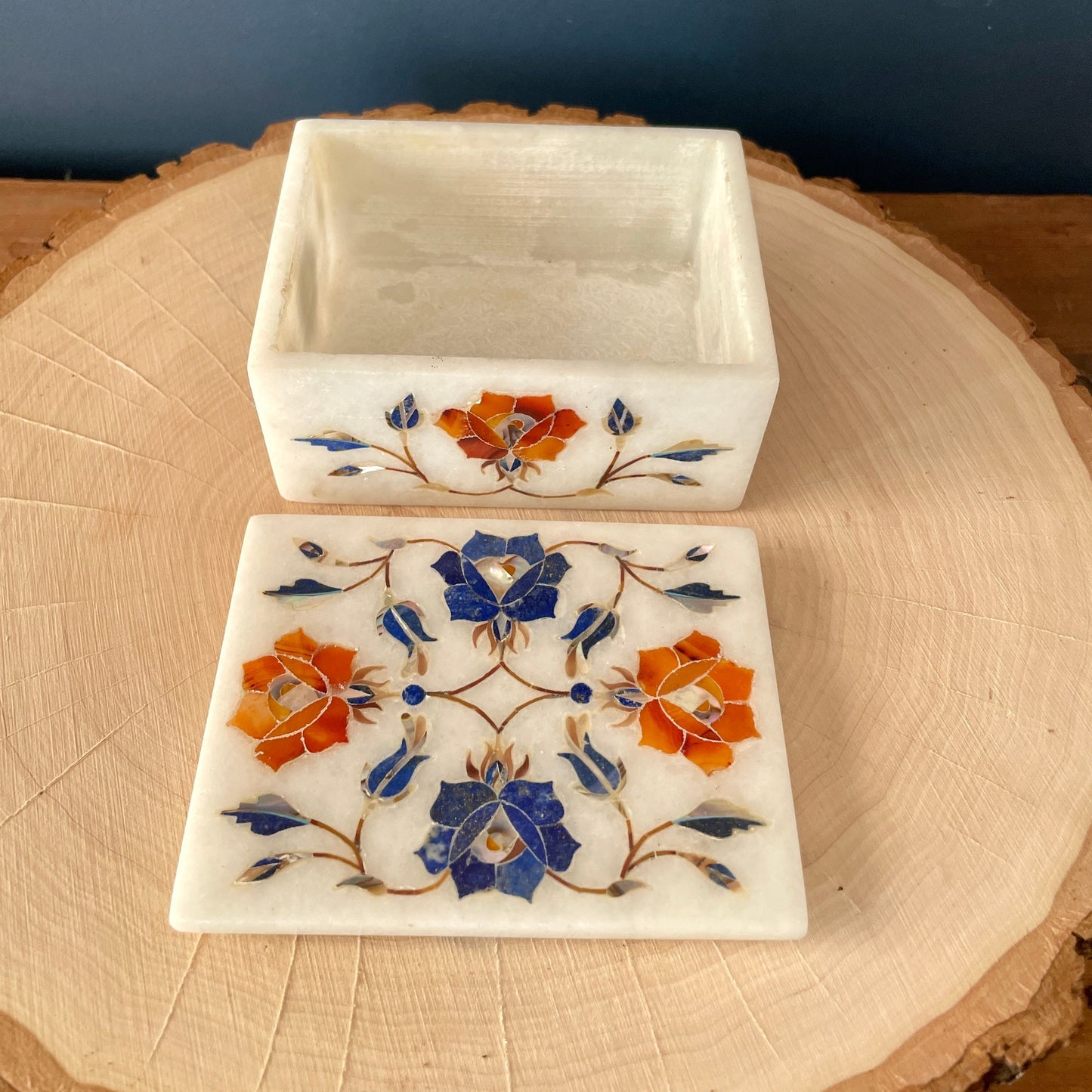 Vintage Marble Floral Inlay Jewelry Trinket Box