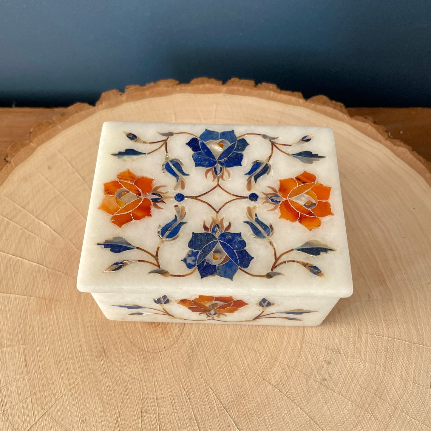 Vintage Marble Floral Inlay Jewelry Trinket Box