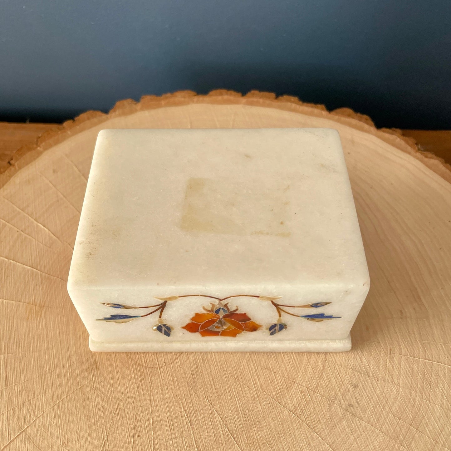 Vintage Marble Floral Inlay Jewelry Trinket Box