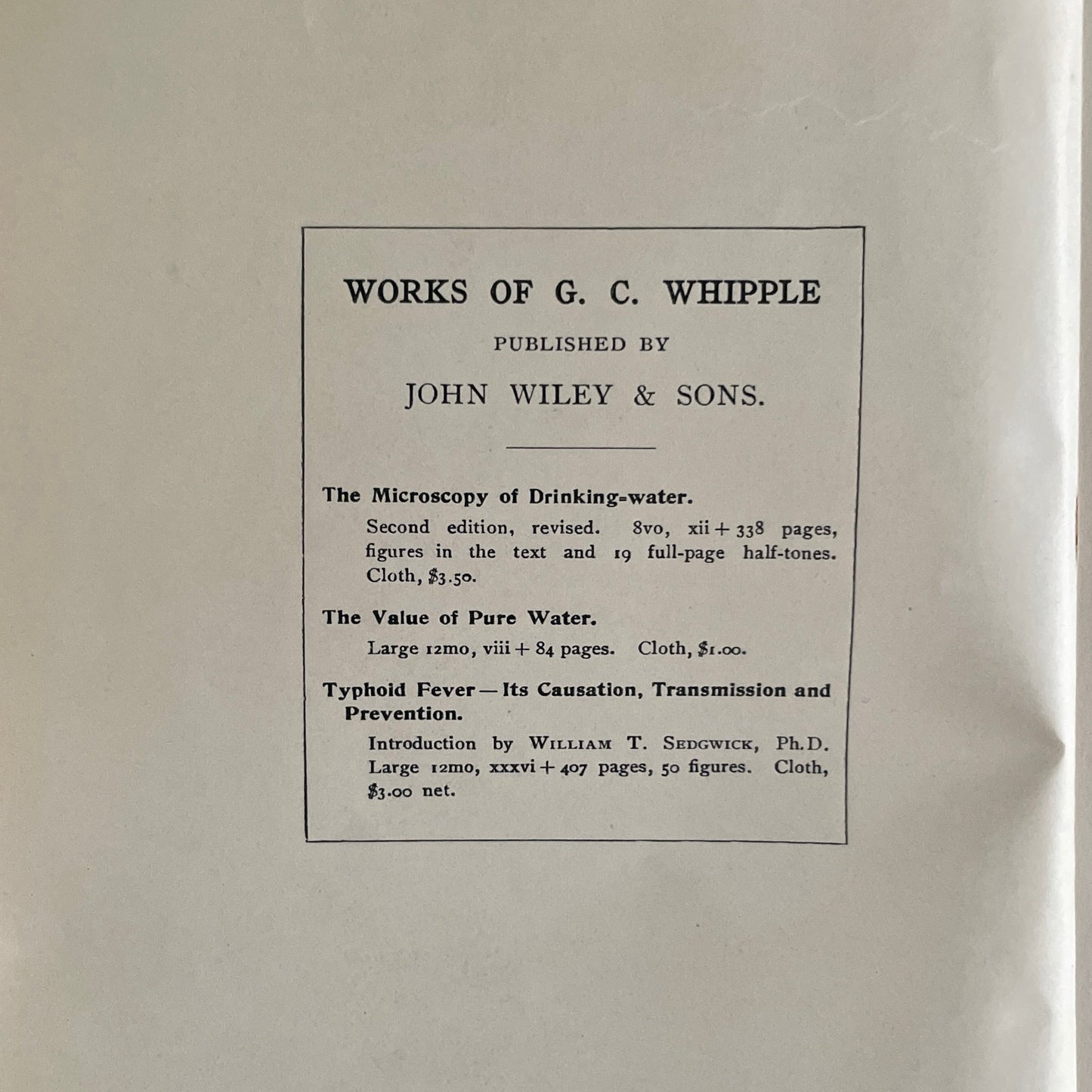 The Value of Pure Water by George C. Whipple - First Edition First Thousand 1907