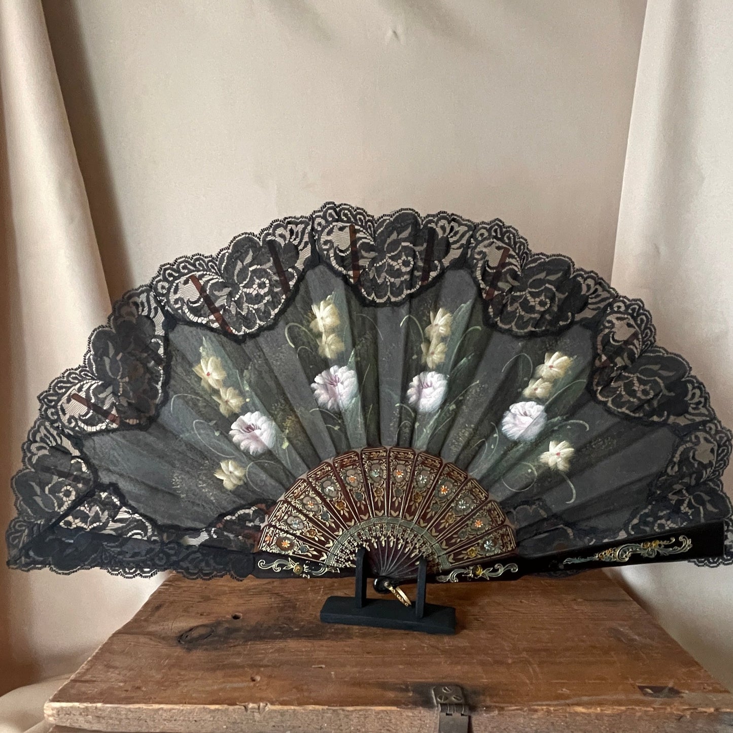 Vintage Large Hand Painted Lace Fan from Spain