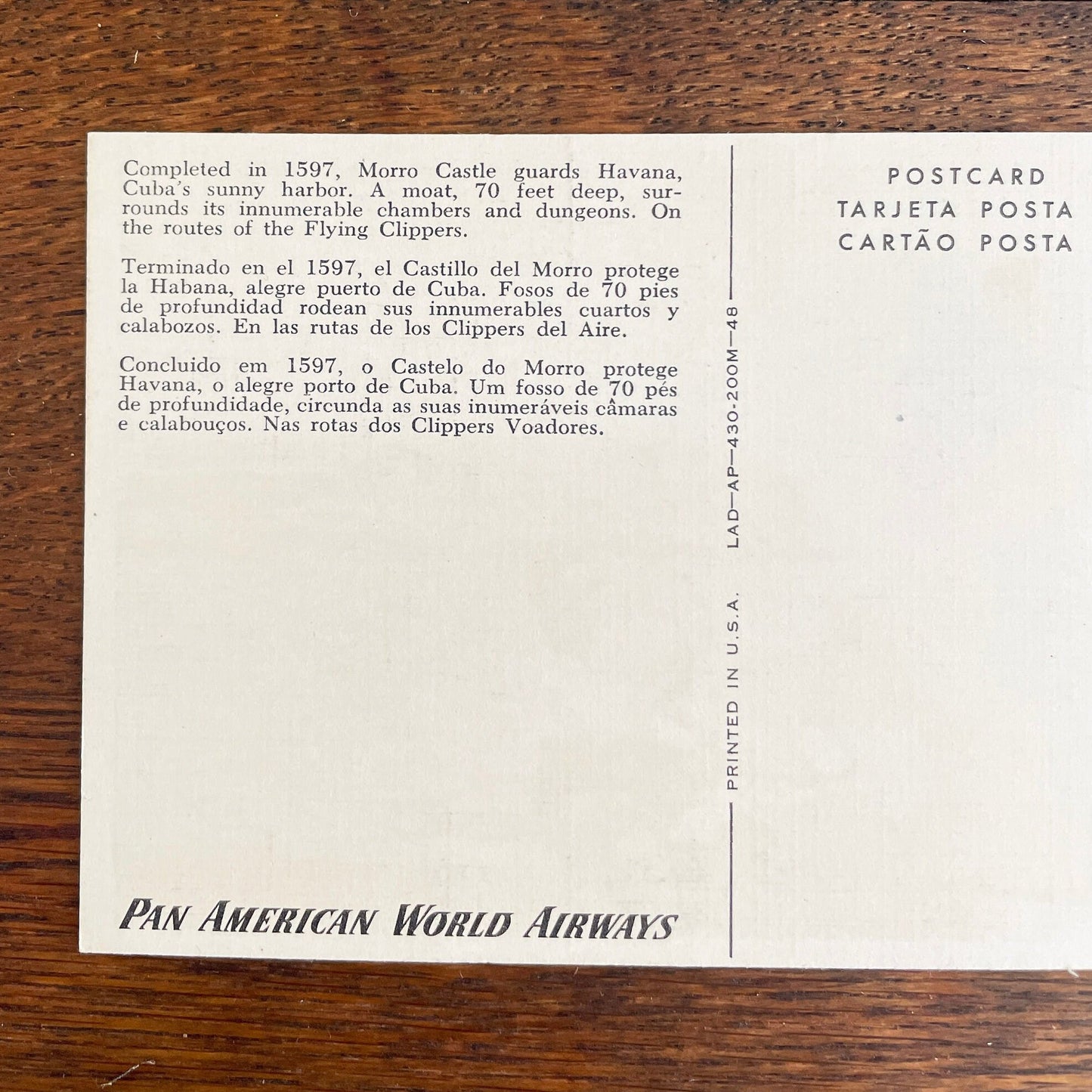 Vintage Pan American World Airways Morro Castle Havana Linen Postcard