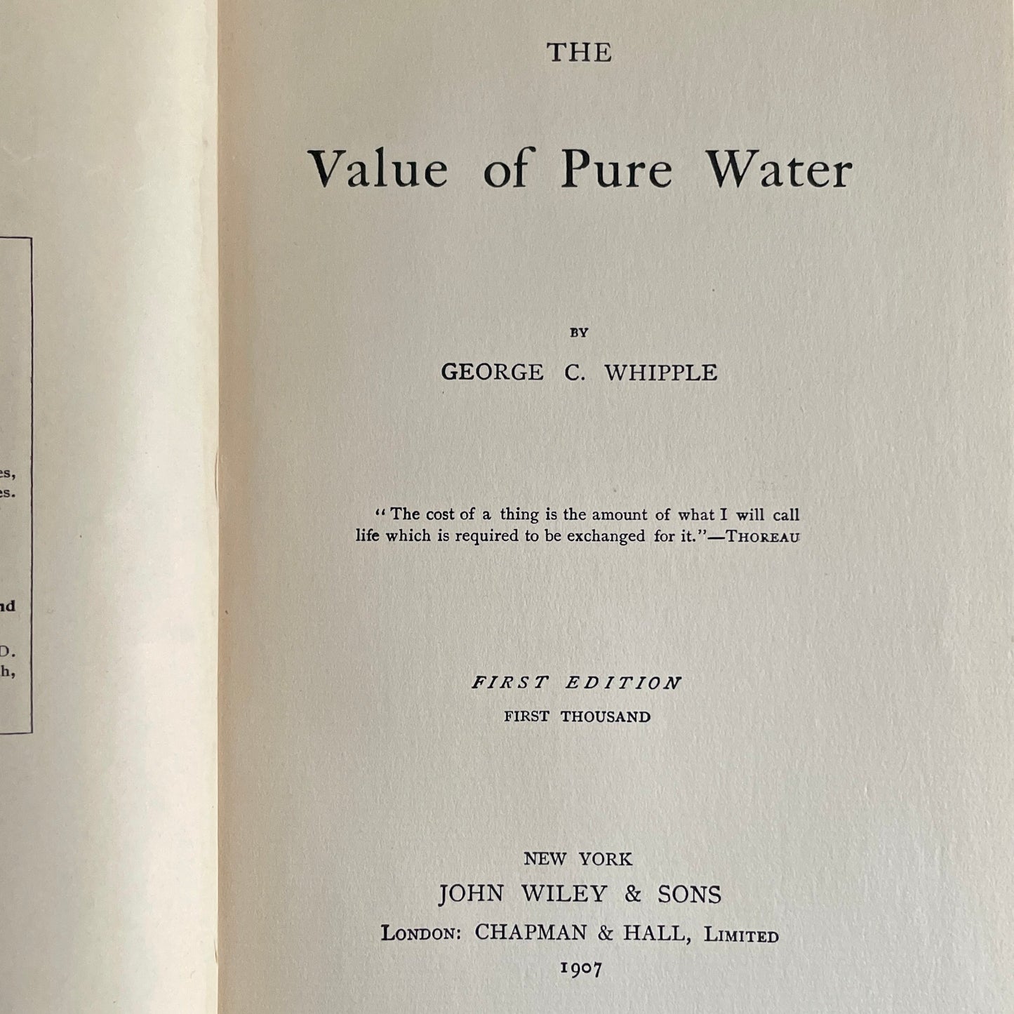 The Value of Pure Water by George C. Whipple - First Edition  First Thousand 1907