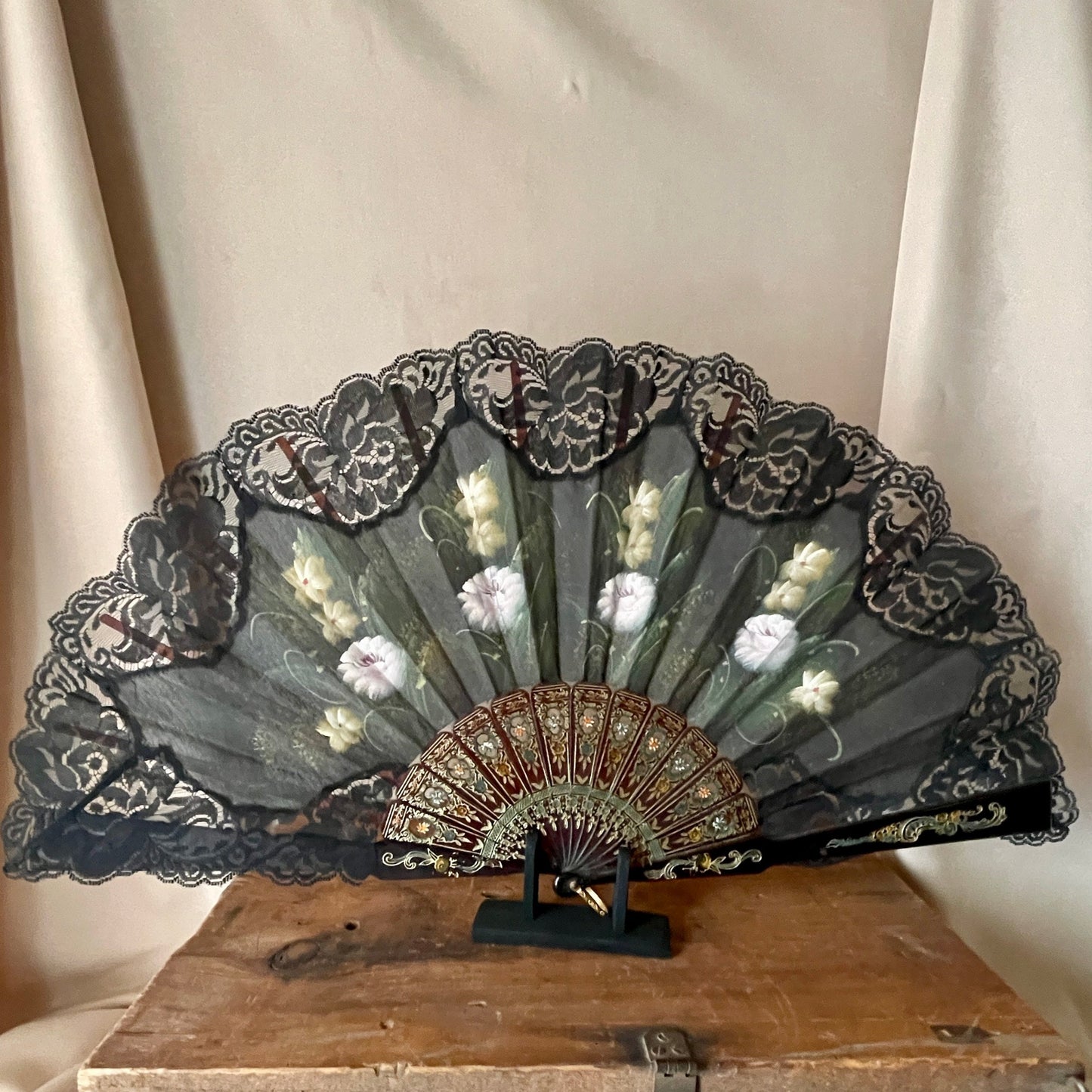 Vintage Large Hand Painted Lace Fan from Spain