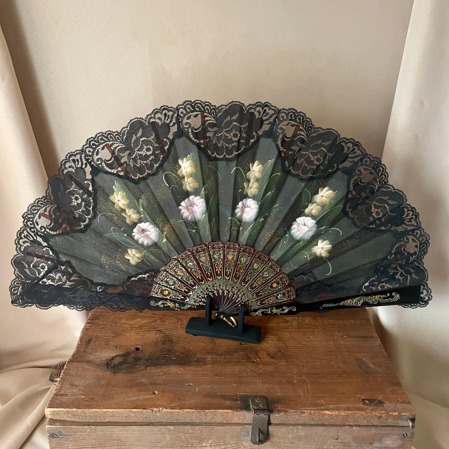 Vintage Large Hand Painted Lace Fan from Spain
