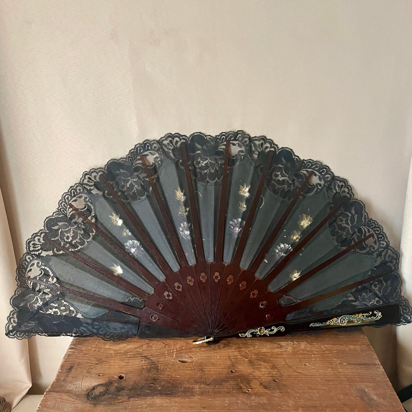Vintage Large Hand Painted Lace Fan from Spain